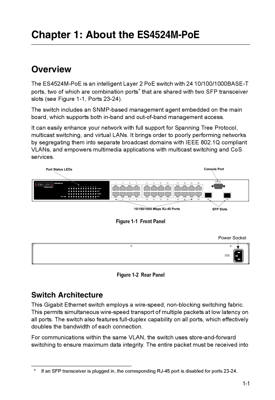 Accton Technology ES4524M-POE manual About the ES4524M-PoE, Overview, Switch Architecture, 1 Front Panel, 2 Rear Panel 