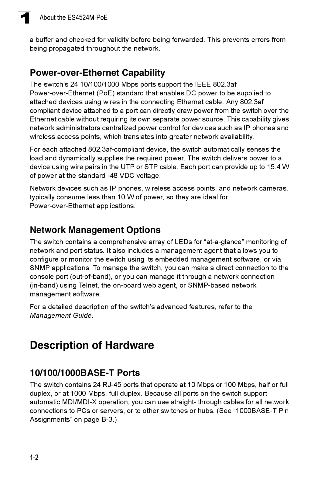 Accton Technology ES4524M-POE manual Description of Hardware, Power-over-Ethernet Capability, Network Management Options 