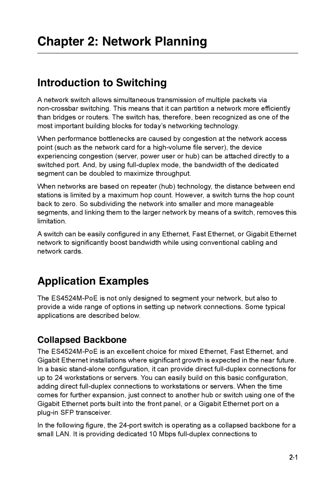 Accton Technology ES4524M-POE manual Network Planning, Introduction to Switching, Application Examples, Collapsed Backbone 