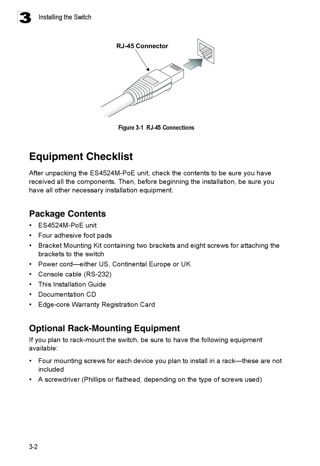 Accton Technology ES4524M-POE manual Equipment Checklist, Package Contents, Optional Rack-Mounting Equipment 
