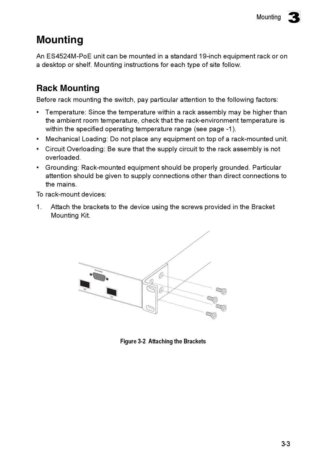 Accton Technology ES4524M-POE manual Rack Mounting, 2 Attaching the Brackets 
