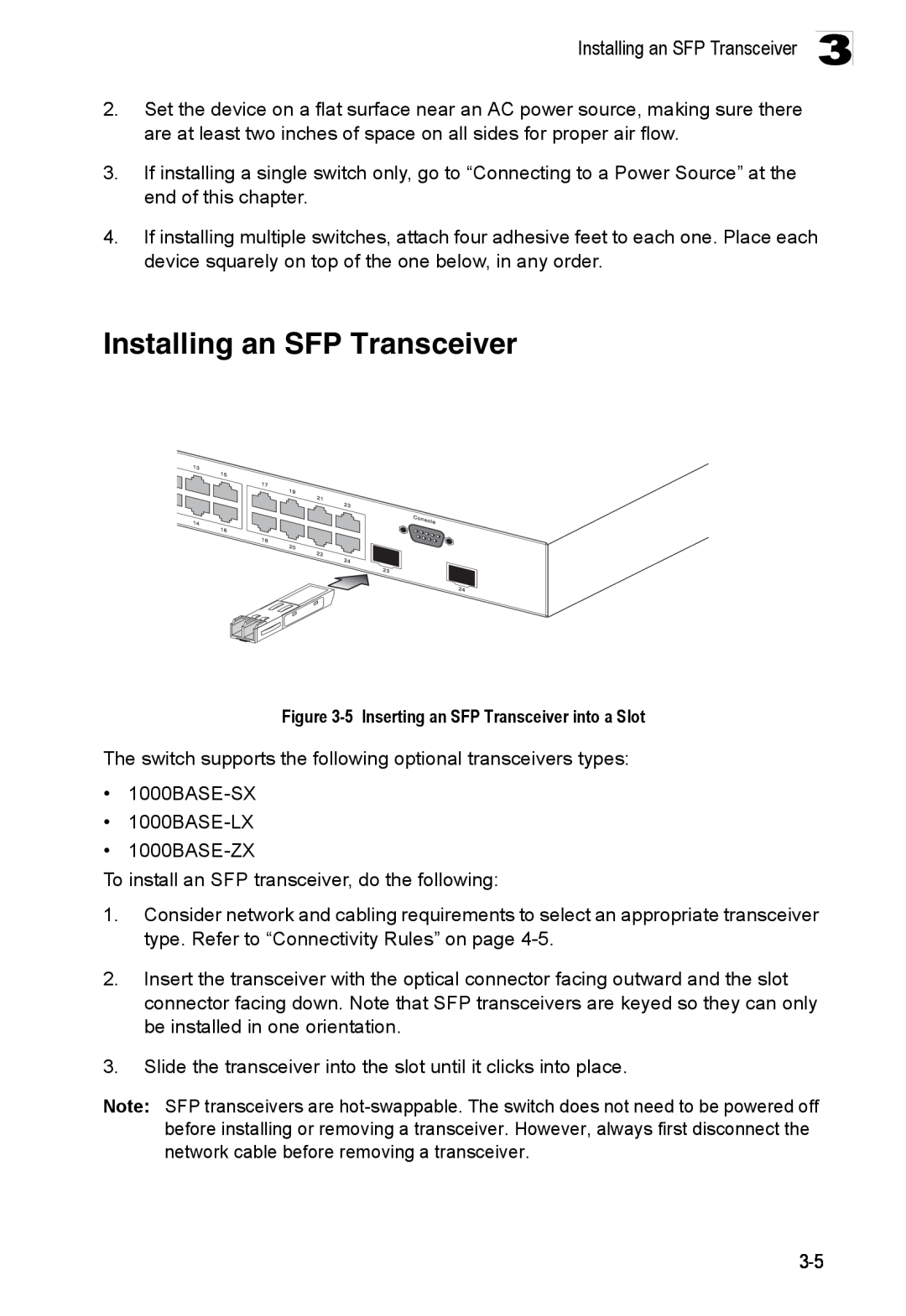 Accton Technology ES4524M-POE manual Installing an SFP Transceiver, 5 Inserting an SFP Transceiver into a Slot 