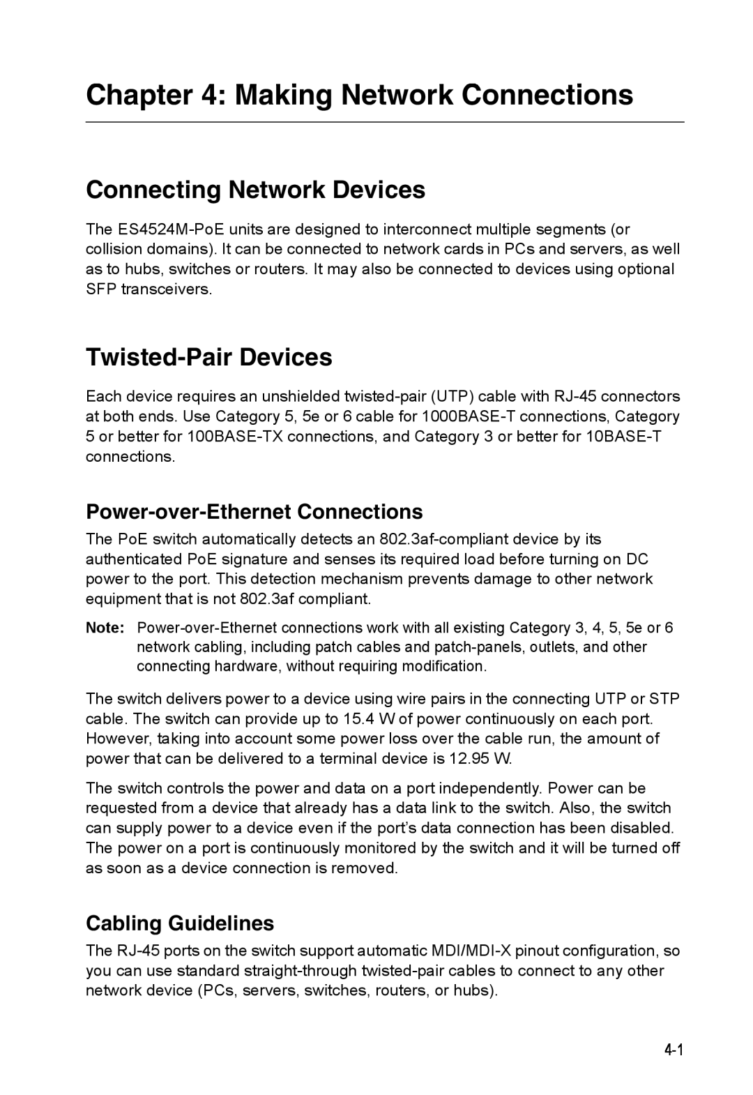 Accton Technology ES4524M-POE manual Making Network Connections, Connecting Network Devices, Twisted-Pair Devices 