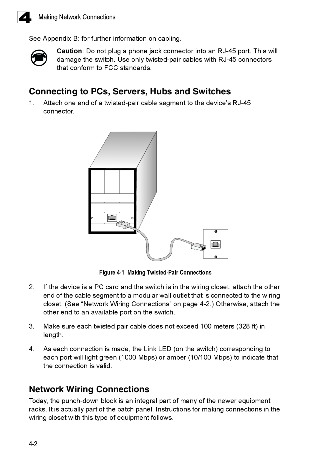 Accton Technology ES4524M-POE manual Connecting to PCs, Servers, Hubs and Switches, Network Wiring Connections 
