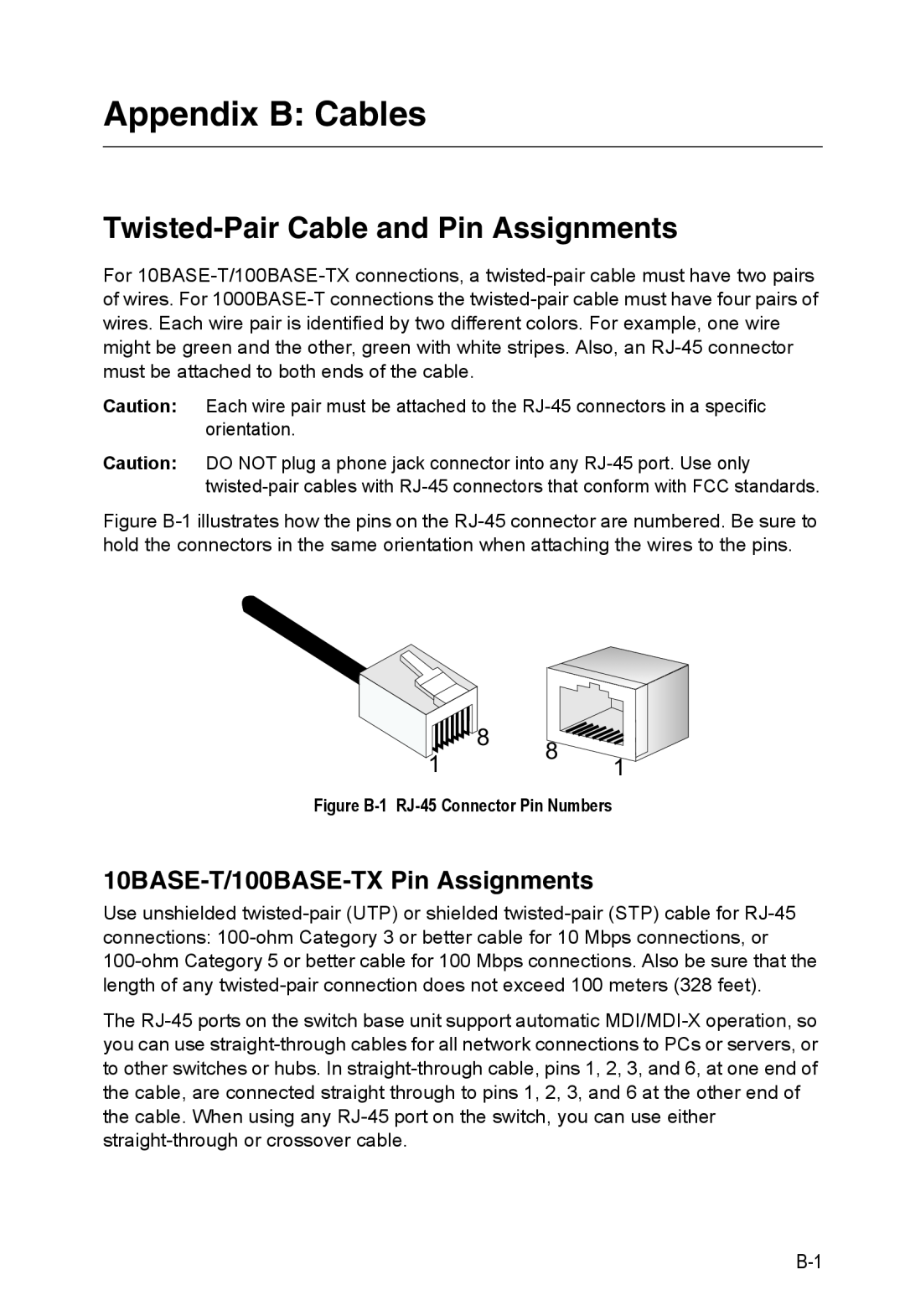 Accton Technology ES4524M-POE manual Appendix B Cables, Twisted-Pair Cable and Pin Assignments 