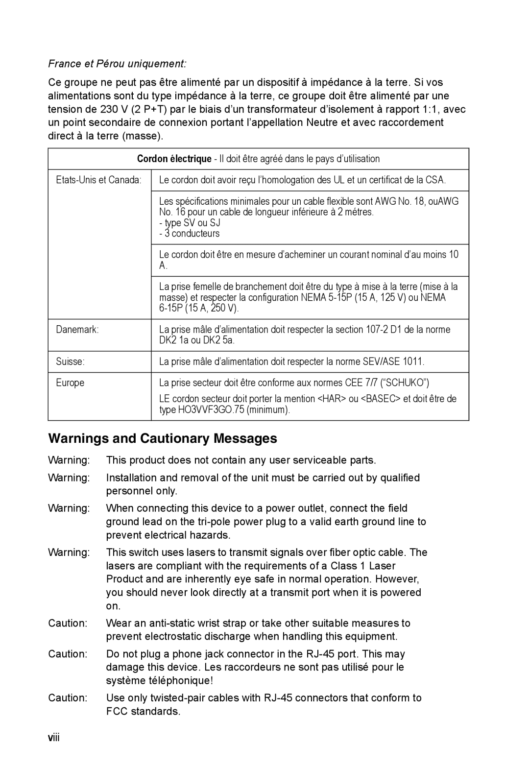 Accton Technology ES4524M-POE manual Warnings and Cautionary Messages, France et Pérou uniquement 