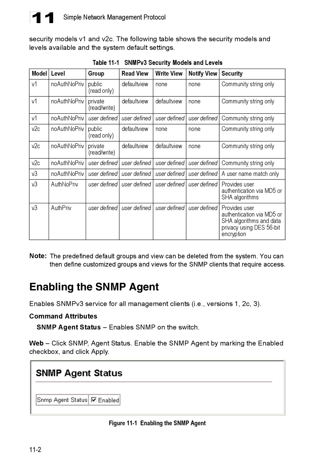 Accton Technology ES4548D, ES4524D, 24/48-Port Enabling the Snmp Agent, SNMPv3 Security Models and Levels, User defined 