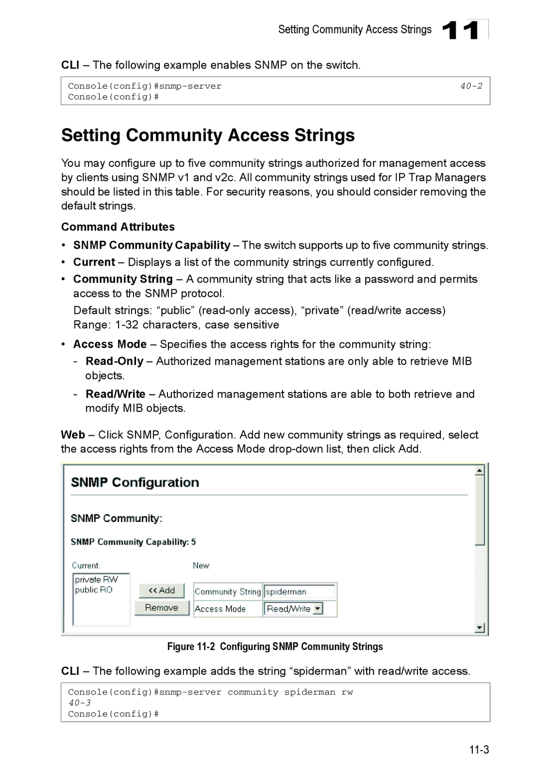 Accton Technology ES4524D Setting Community Access Strings, CLI The following example enables Snmp on the switch, 40-2 