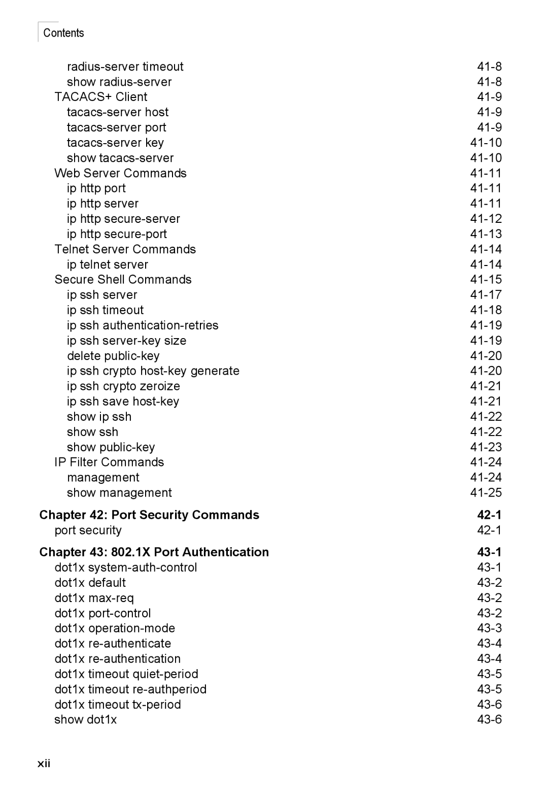 Accton Technology ES4548D, ES4524D, 24/48-Port manual 802.1X Port Authentication 43-1, Xii 