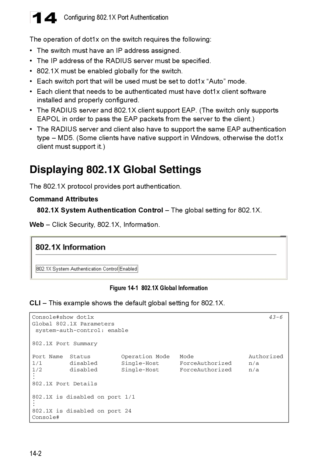 Accton Technology ES4524D, ES4548D Displaying 802.1X Global Settings, 802.1X protocol provides port authentication, 43-6 