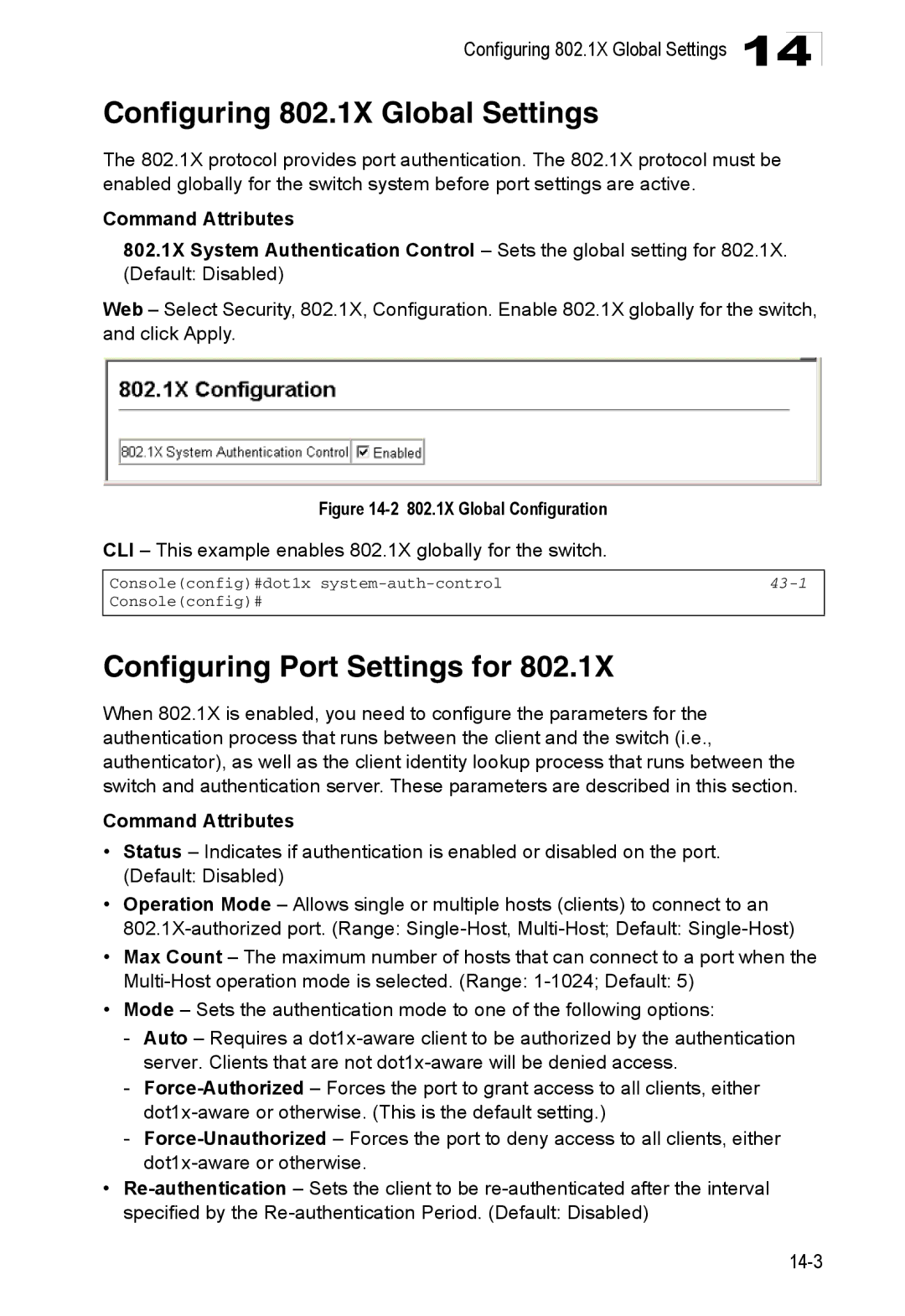 Accton Technology 24/48-Port, ES4548D, ES4524D manual Configuring 802.1X Global Settings, Configuring Port Settings for, 43-1 