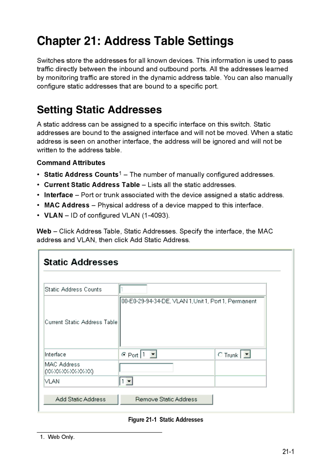 Accton Technology 24/48-Port, ES4548D, ES4524D manual Address Table Settings, Setting Static Addresses 