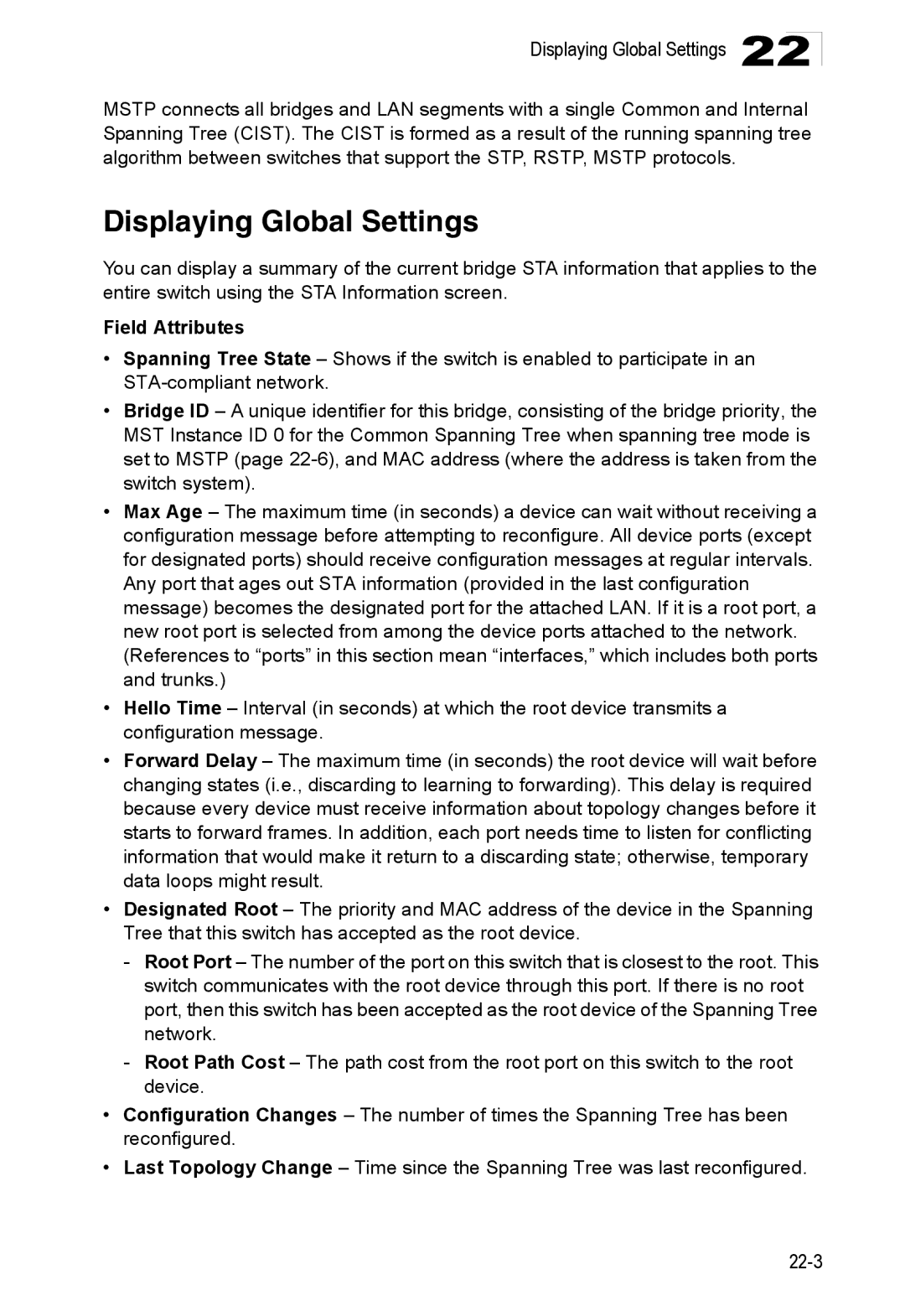 Accton Technology 24/48-Port, ES4548D, ES4524D manual Displaying Global Settings, Field Attributes 