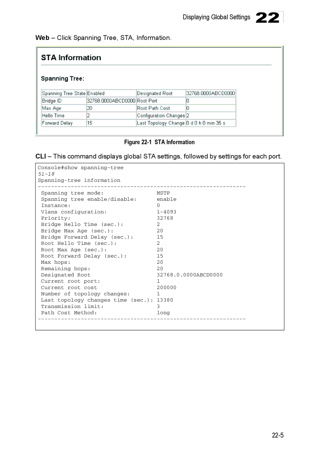 Accton Technology ES4524D, ES4548D, 24/48-Port manual Web Click Spanning Tree, STA, Information, STA Information 