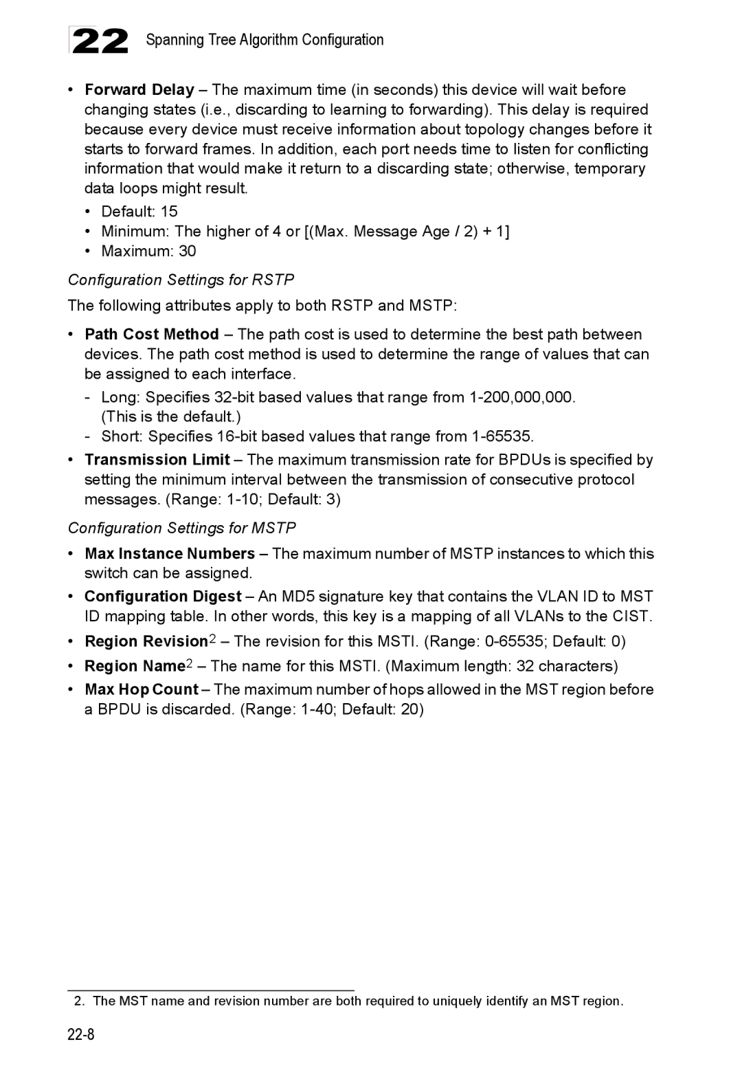 Accton Technology ES4524D, ES4548D, 24/48-Port manual Configuration Settings for Rstp, Configuration Settings for Mstp 