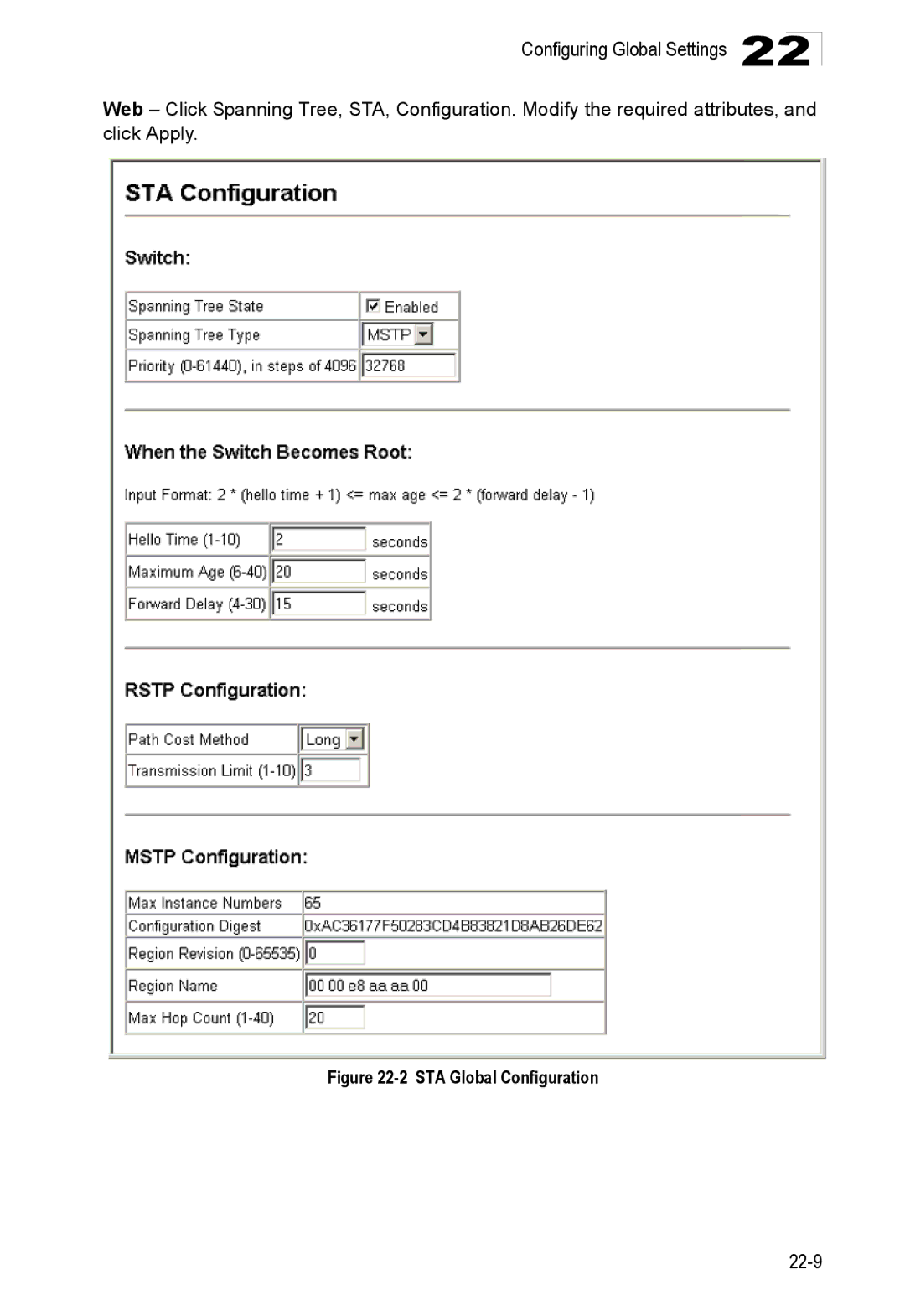 Accton Technology 24/48-Port, ES4548D, ES4524D manual STA Global Configuration 