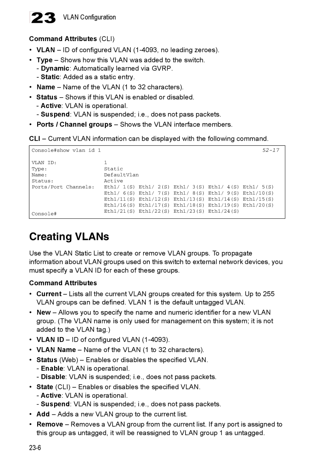 Accton Technology ES4524D, ES4548D, 24/48-Port manual Creating VLANs, Command Attributes CLI, 52-17 