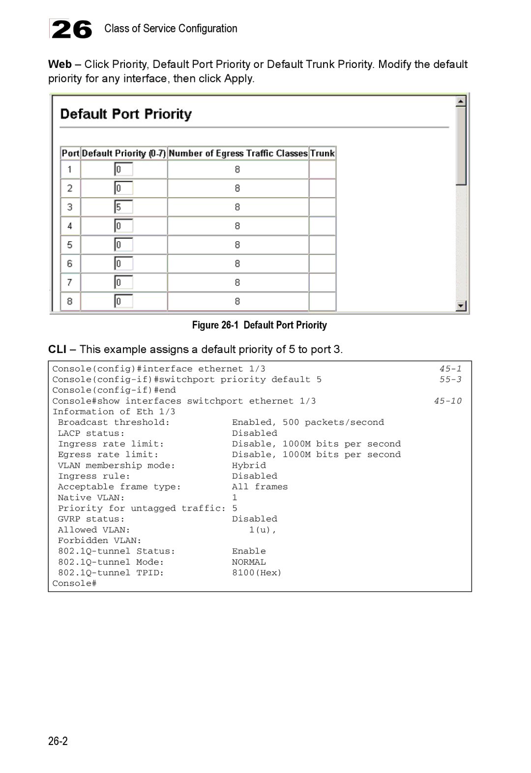 Accton Technology ES4548D, ES4524D, 24/48-Port manual CLI This example assigns a default priority of 5 to port, 55-3 