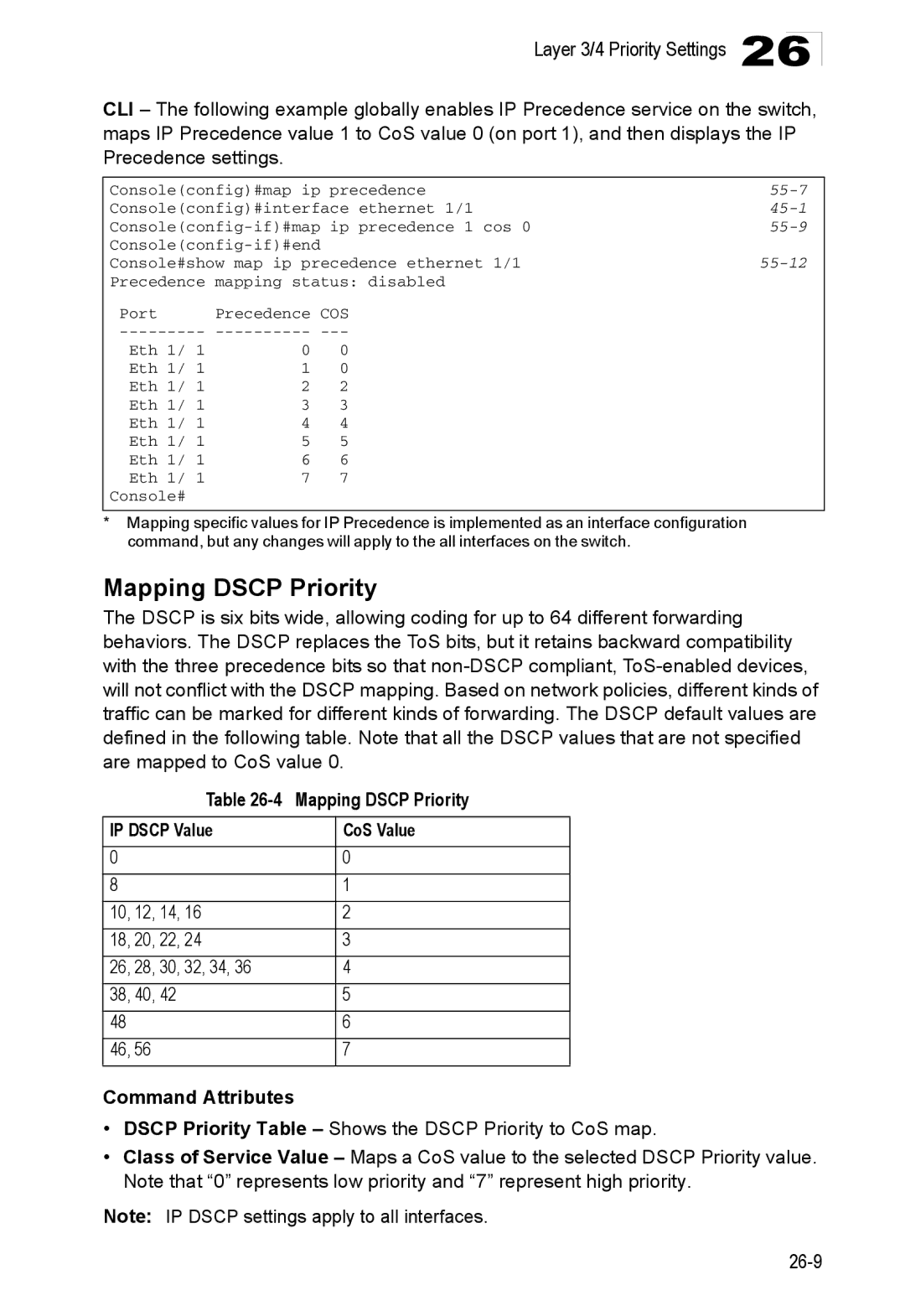 Accton Technology ES4524D, ES4548D, 24/48-Port manual Mapping Dscp Priority IP Dscp Value CoS Value 