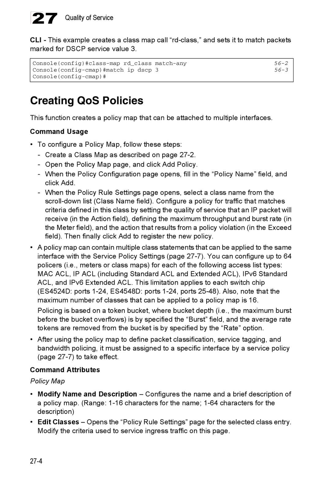 Accton Technology 24/48-Port, ES4548D, ES4524D manual Creating QoS Policies, Policy Map, 56-2, 56-3 