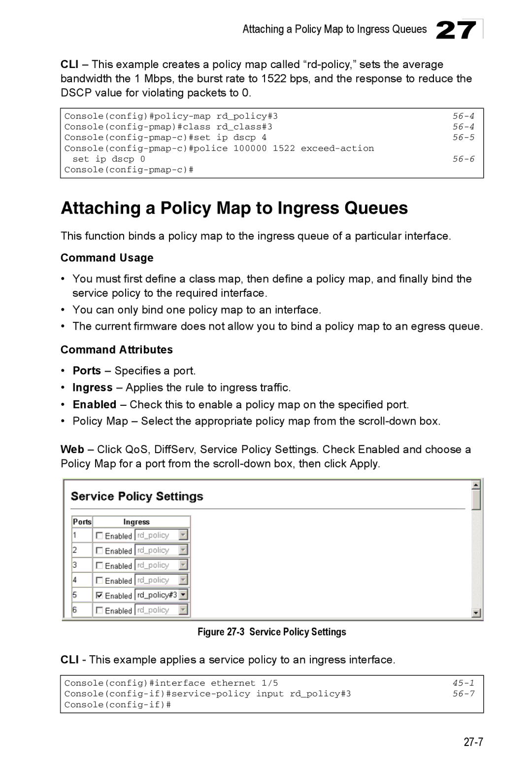 Accton Technology 24/48-Port, ES4548D, ES4524D manual Attaching a Policy Map to Ingress Queues, 56-4, 56-5, 56-6, 56-7 