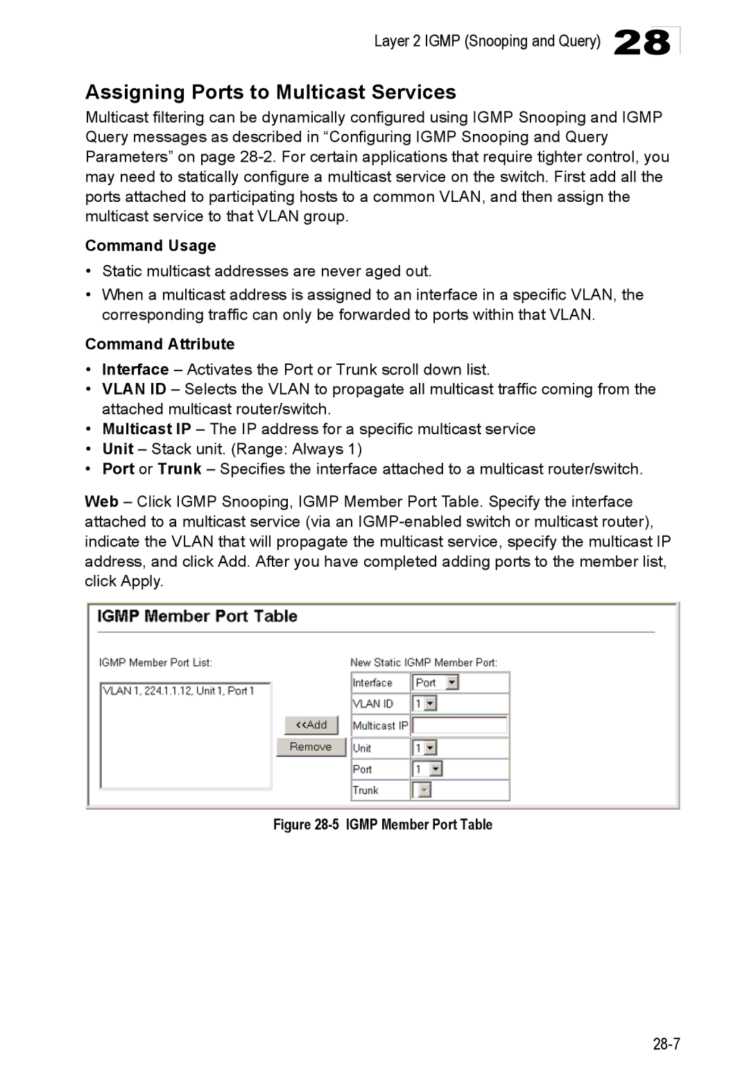 Accton Technology ES4524D, ES4548D, 24/48-Port manual Assigning Ports to Multicast Services, Igmp Member Port Table 