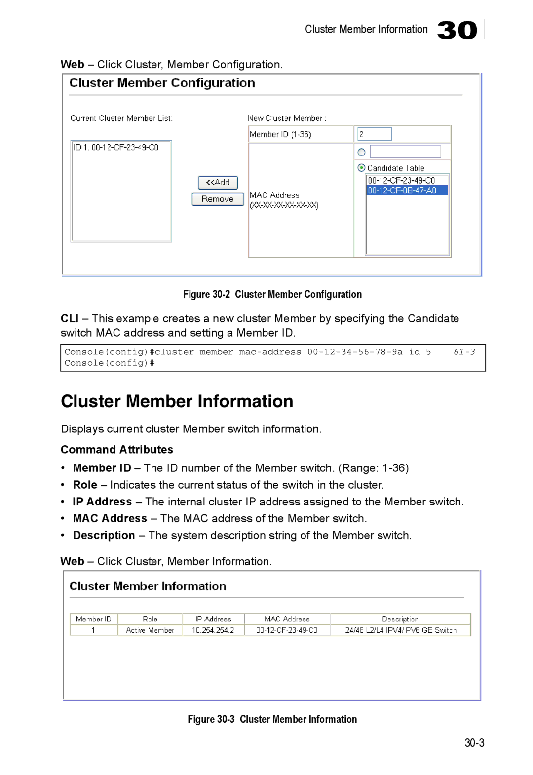 Accton Technology 24/48-Port, ES4548D, ES4524D Cluster Member Information, Web Click Cluster, Member Configuration, 61-3 