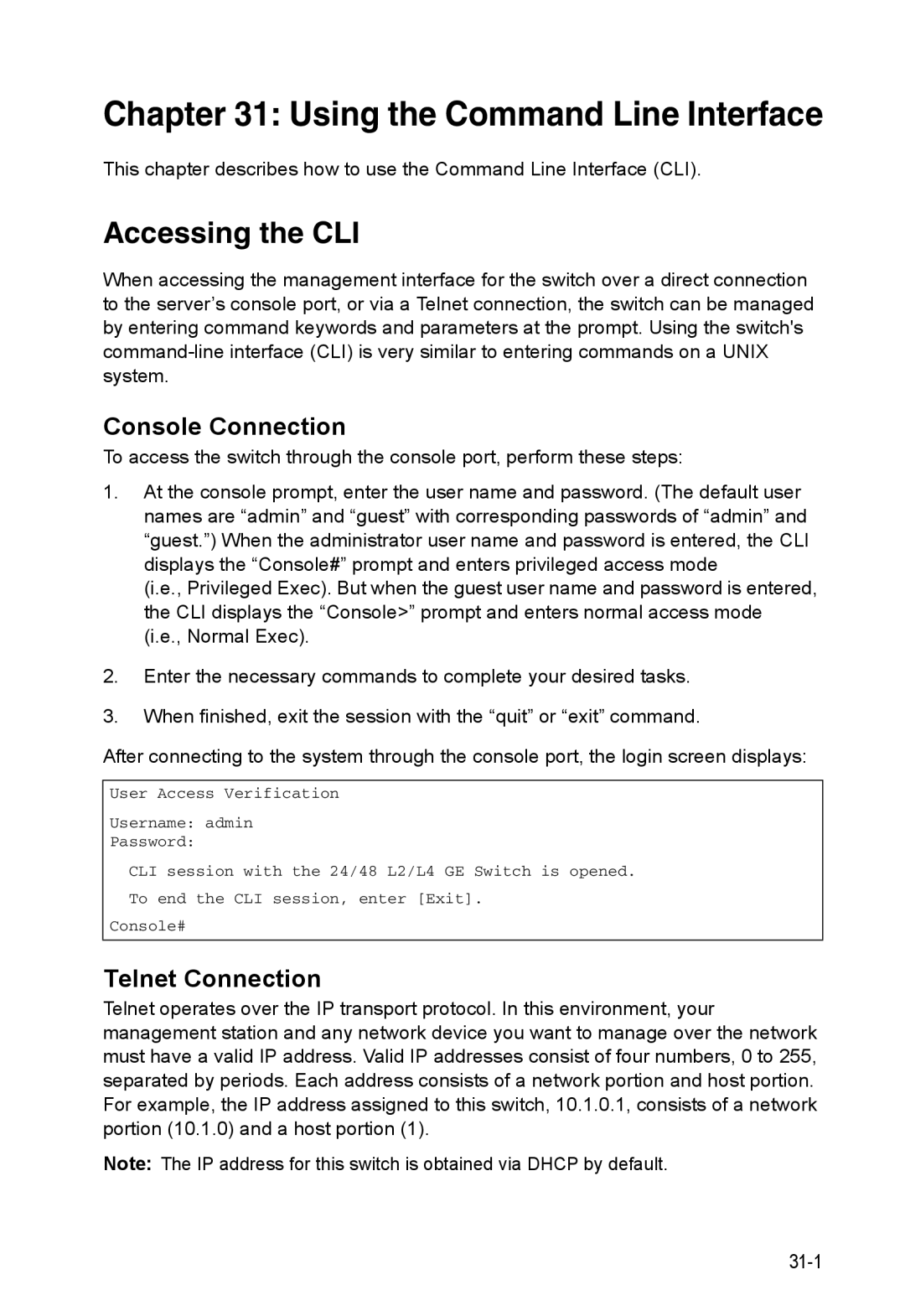 Accton Technology ES4548D, ES4524D, 24/48-Port manual Using the Command Line Interface, Accessing the CLI, Telnet Connection 