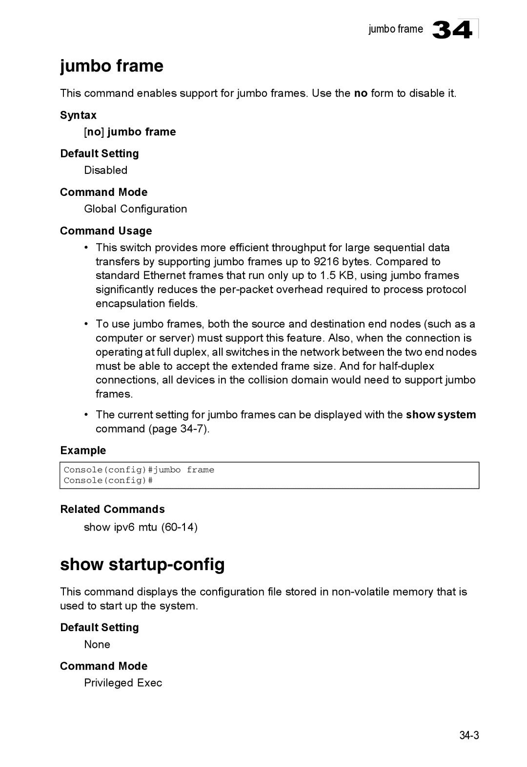 Accton Technology 24/48-Port manual Jumbo frame, Show startup-config, Syntax No jumbo frame Default Setting, Show ipv6 mtu 