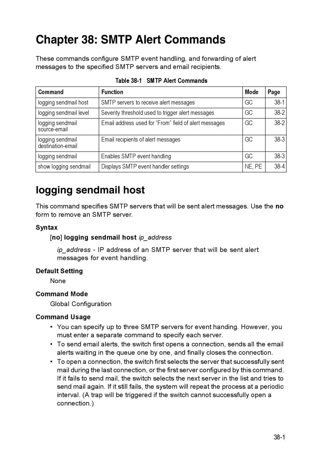 Accton Technology ES4548D, ES4524D, 24/48-Port manual Logging sendmail host, Smtp Alert Commands Function Mode, 38-4 