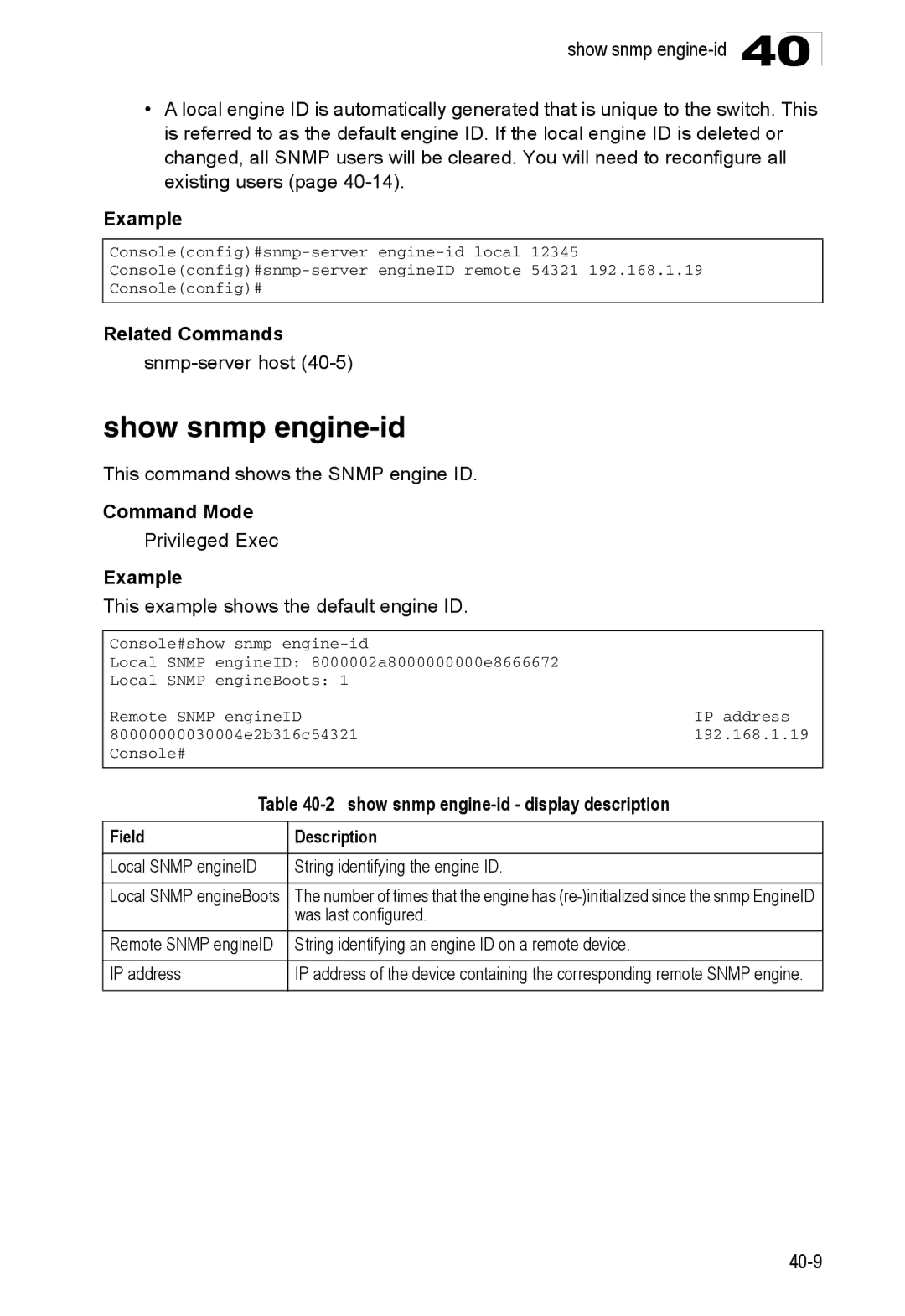 Accton Technology ES4548D, ES4524D, 24/48-Port manual Show snmp engine-id, This command shows the Snmp engine ID 