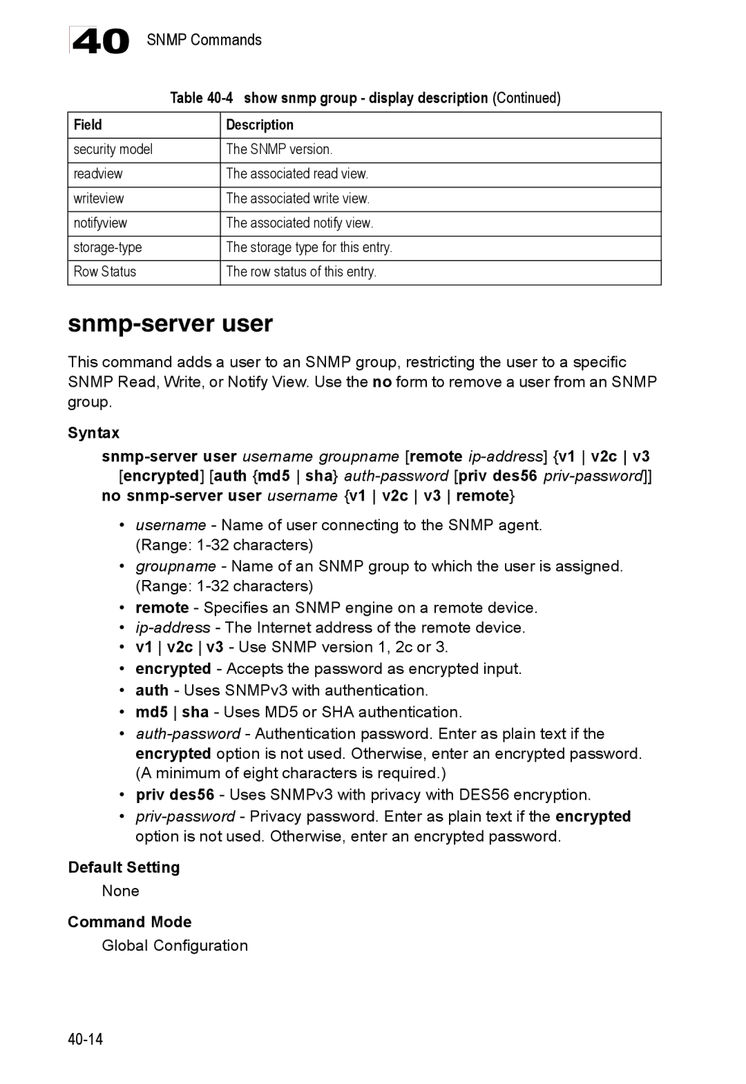 Accton Technology 24/48-Port, ES4548D, ES4524D manual Snmp-server user, Field Description 