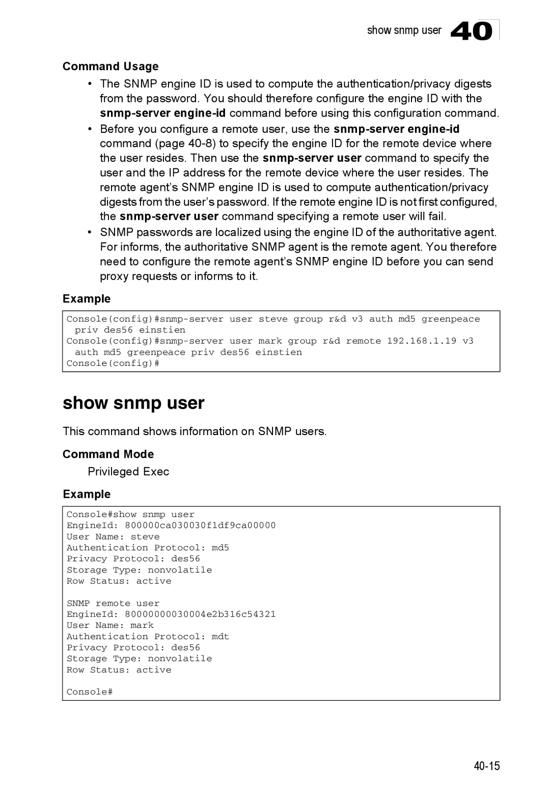 Accton Technology ES4548D, ES4524D, 24/48-Port manual Show snmp user, This command shows information on Snmp users 