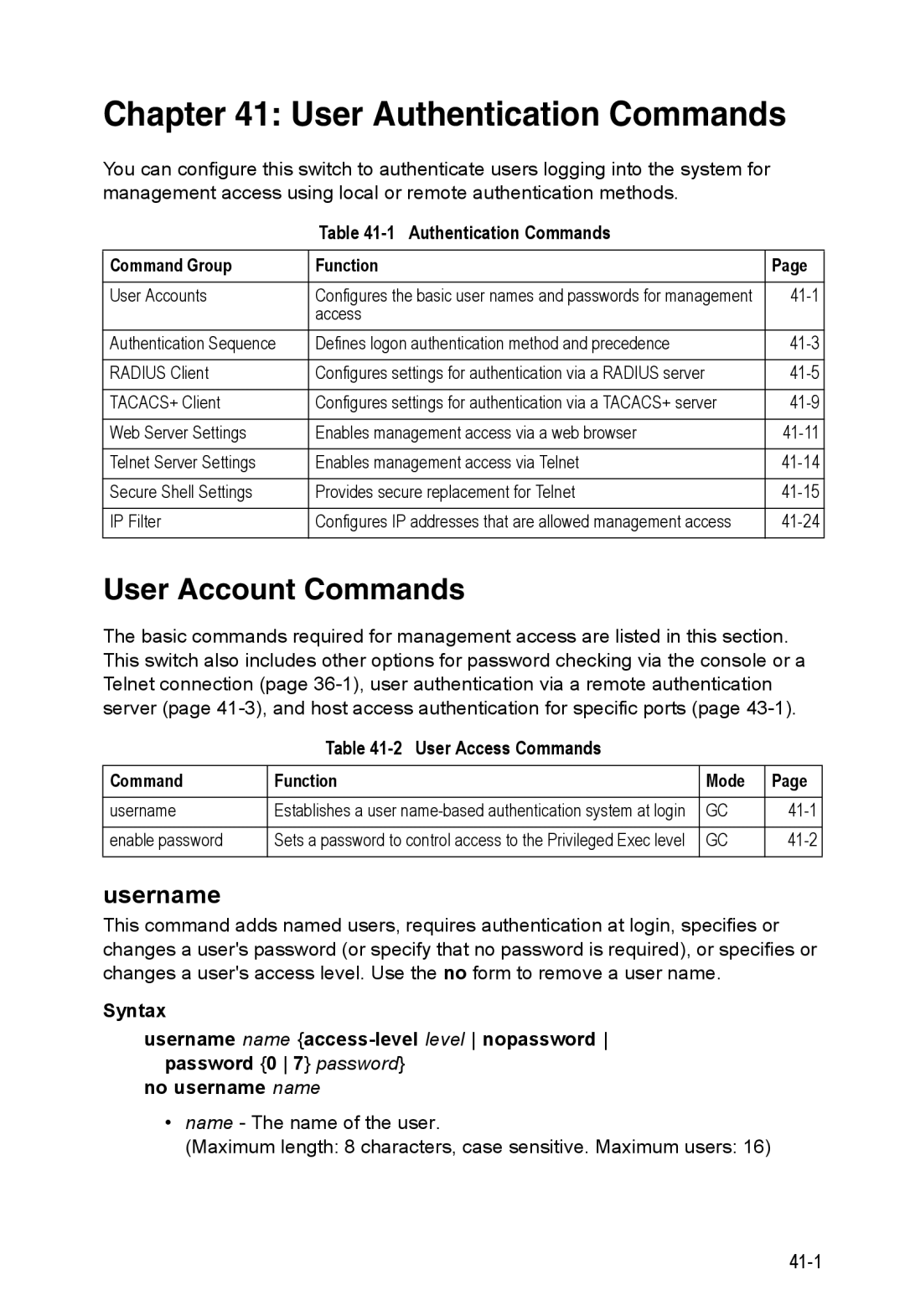 Accton Technology 24/48-Port, ES4548D, ES4524D manual User Authentication Commands, User Account Commands, Username 