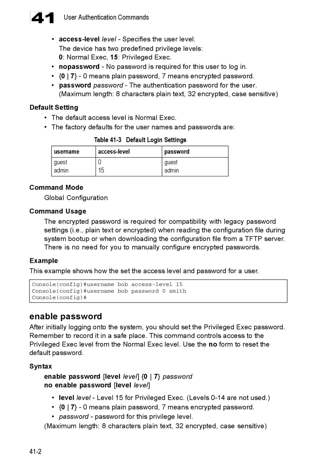 Accton Technology ES4548D, ES4524D Enable password, Default Login Settings Username Access-level Password, Guest Admin 