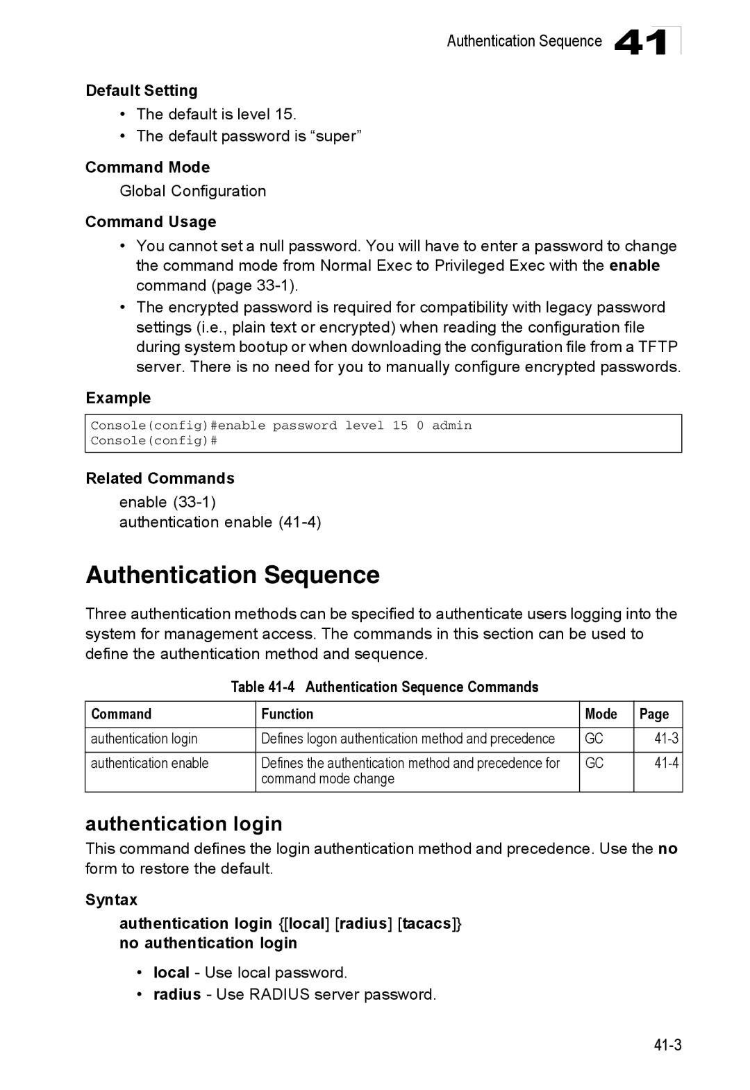 Accton Technology ES4524D, ES4548D, 24/48-Port Authentication login, Authentication Sequence Commands Function Mode 