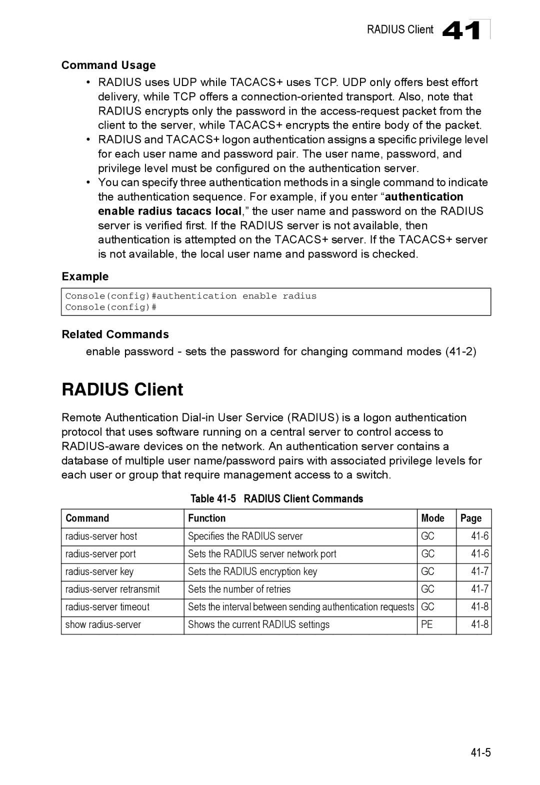 Accton Technology ES4548D, ES4524D, 24/48-Port manual Radius Client Commands Function Mode, 41-8 