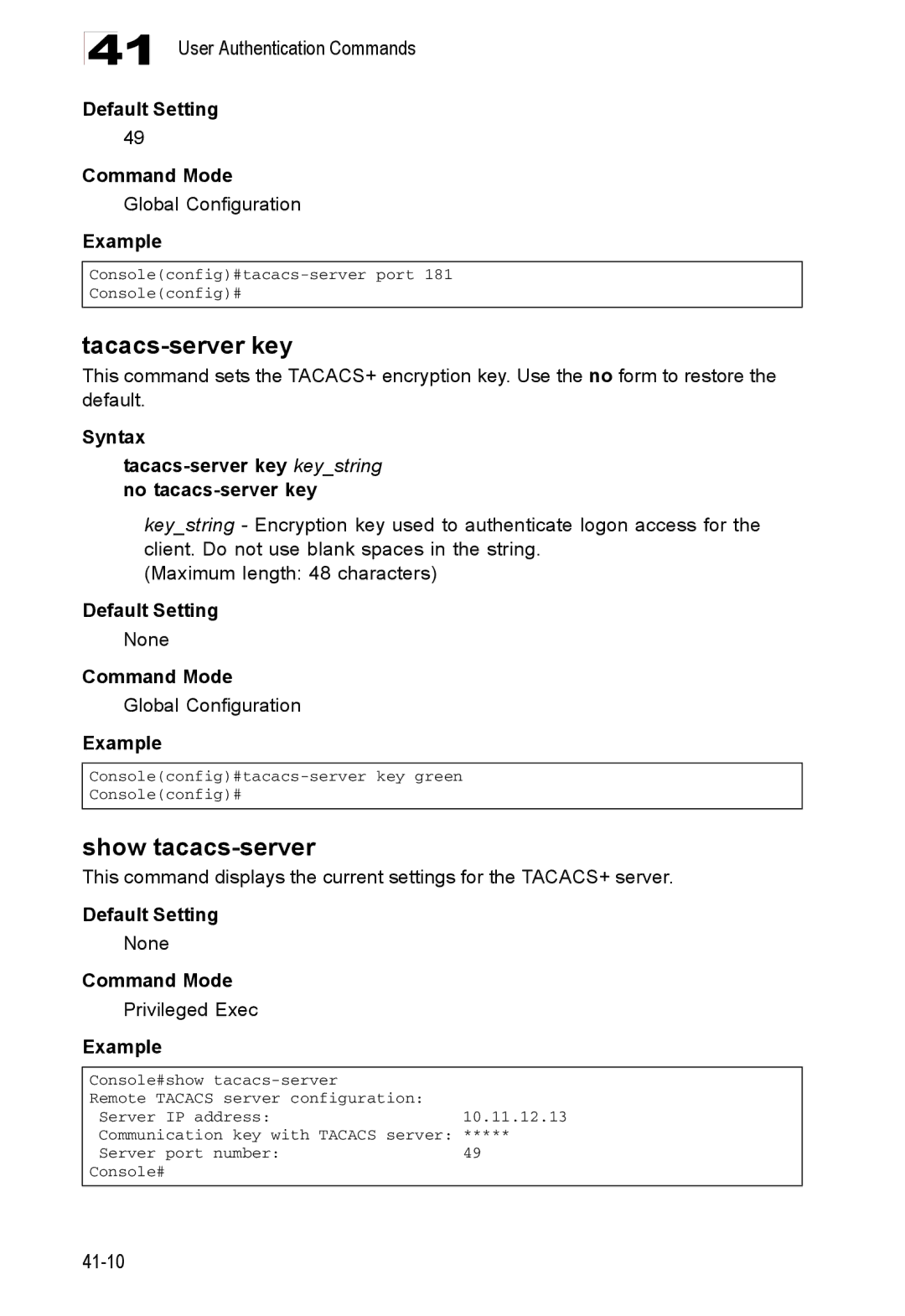 Accton Technology 24/48-Port, ES4548D, ES4524D manual Tacacs-server key, Show tacacs-server 