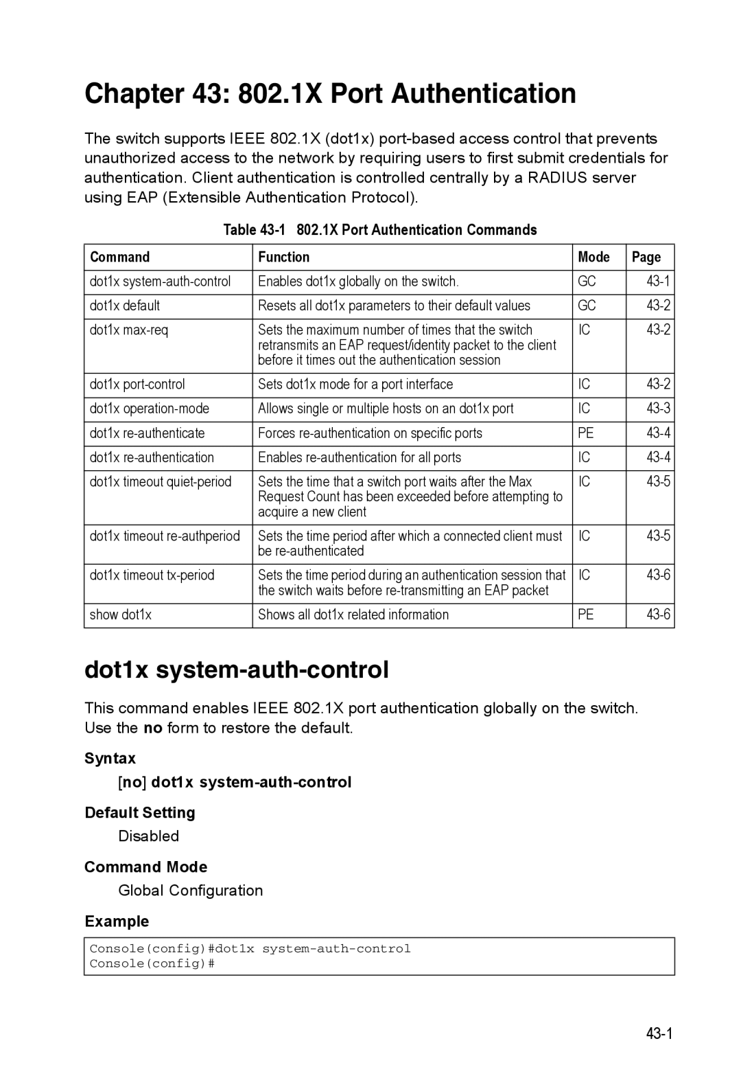 Accton Technology ES4548D, ES4524D, 24/48-Port manual 802.1X Port Authentication, Dot1x system-auth-control 