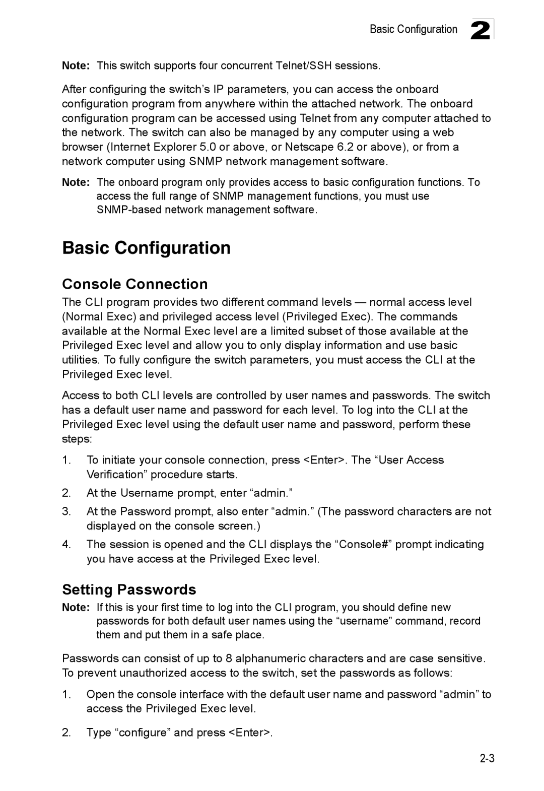 Accton Technology ES4548D, ES4524D, 24/48-Port manual Basic Configuration, Console Connection, Setting Passwords 