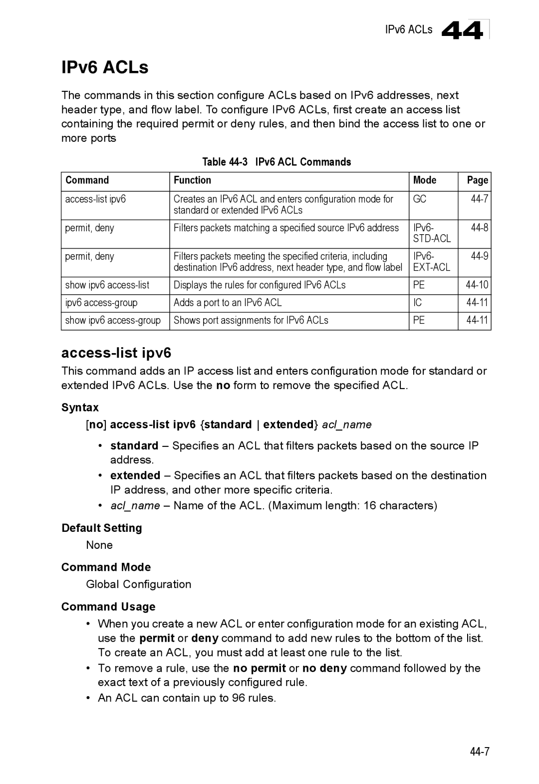 Accton Technology 24/48-Port, ES4548D, ES4524D manual IPv6 ACLs, Access-list ipv6, IPv6 ACL Commands Function Mode 