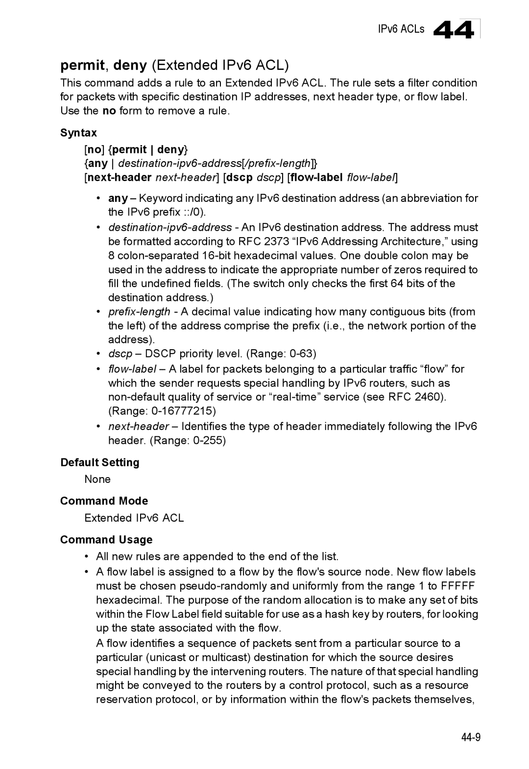 Accton Technology ES4524D, ES4548D Syntax No permit deny, Any destination-ipv6-address/prefix-length, Extended IPv6 ACL 