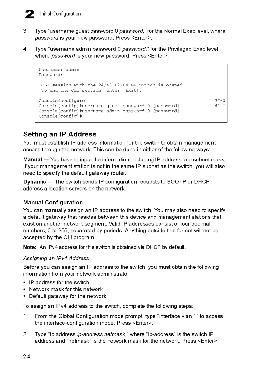 Accton Technology ES4524D, ES4548D, 24/48-Port manual Setting an IP Address, Assigning an IPv4 Address 