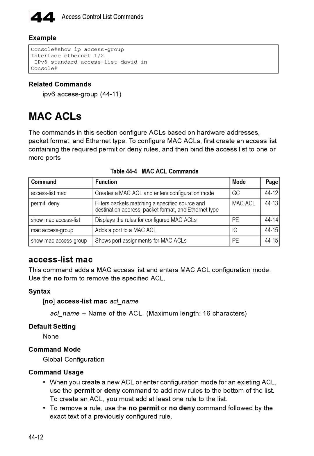 Accton Technology ES4524D, ES4548D, 24/48-Port manual MAC ACLs, Access-list mac, MAC ACL Commands Function Mode, 44-13 