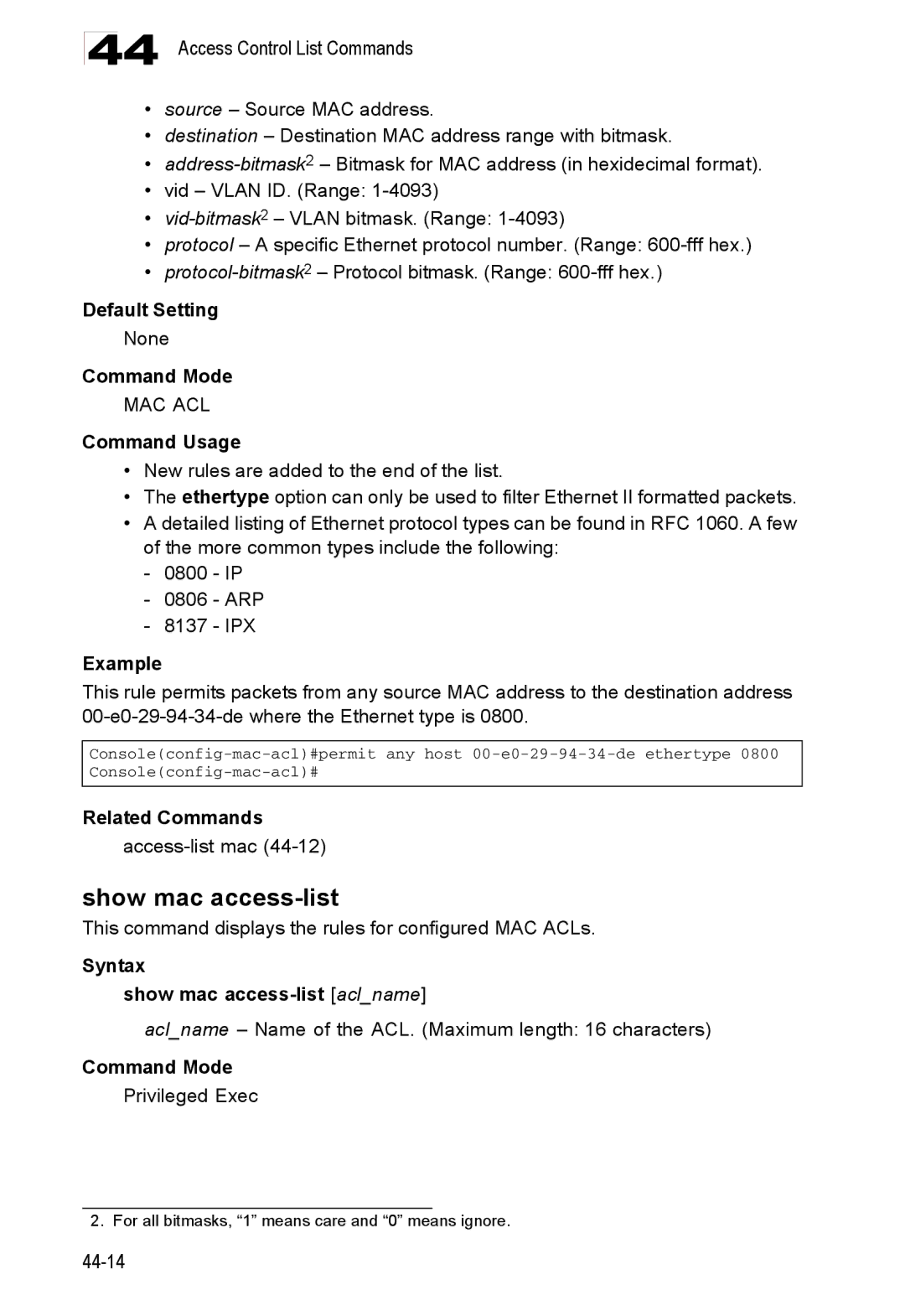 Accton Technology ES4548D, ES4524D manual Show mac access-list, This command displays the rules for configured MAC ACLs 