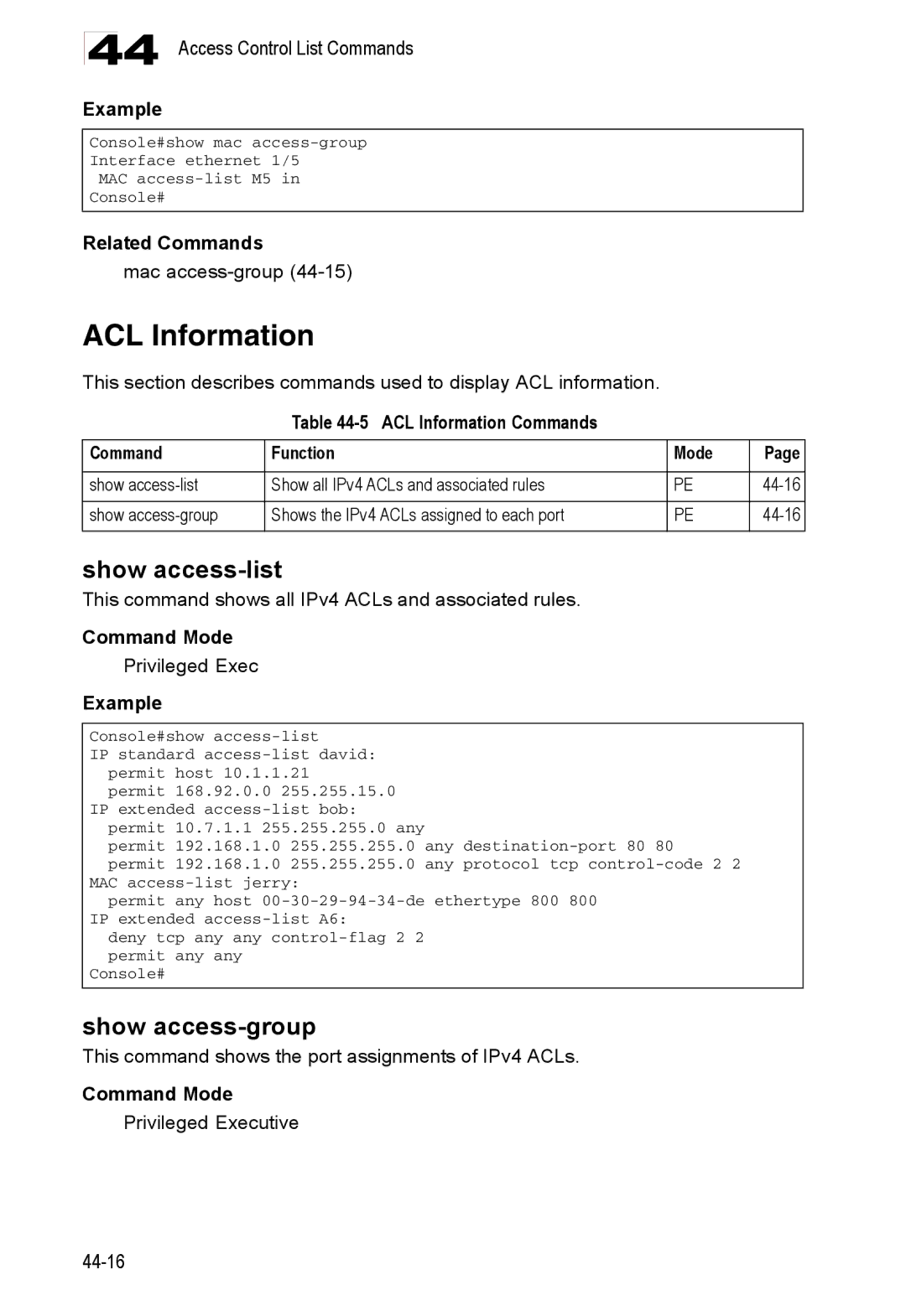 Accton Technology 24/48-Port, ES4548D manual Show access-list, Show access-group, ACL Information Commands Function Mode 