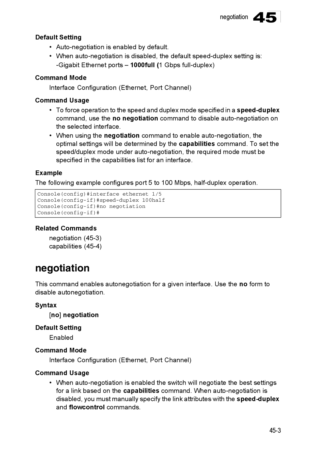 Accton Technology ES4524D, ES4548D, 24/48-Port Negotiation 45-3 capabilities, Syntax No negotiation Default Setting 