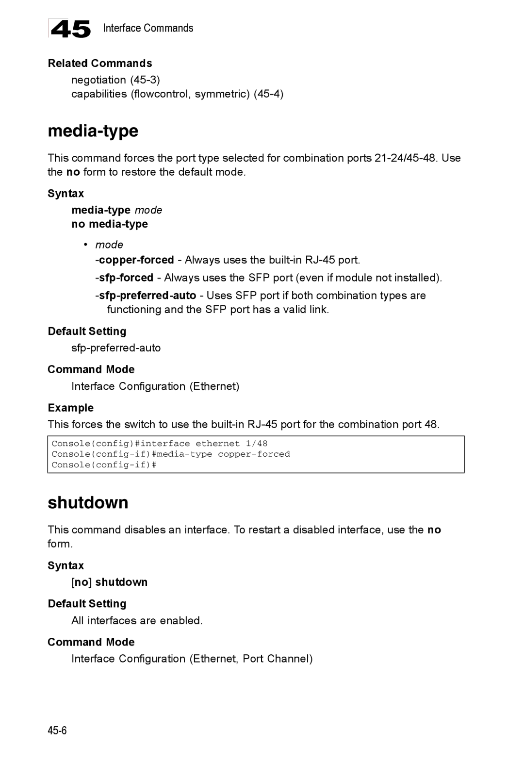 Accton Technology ES4524D Shutdown, Syntax Media-type mode no media-type, Mode, Syntax No shutdown Default Setting 