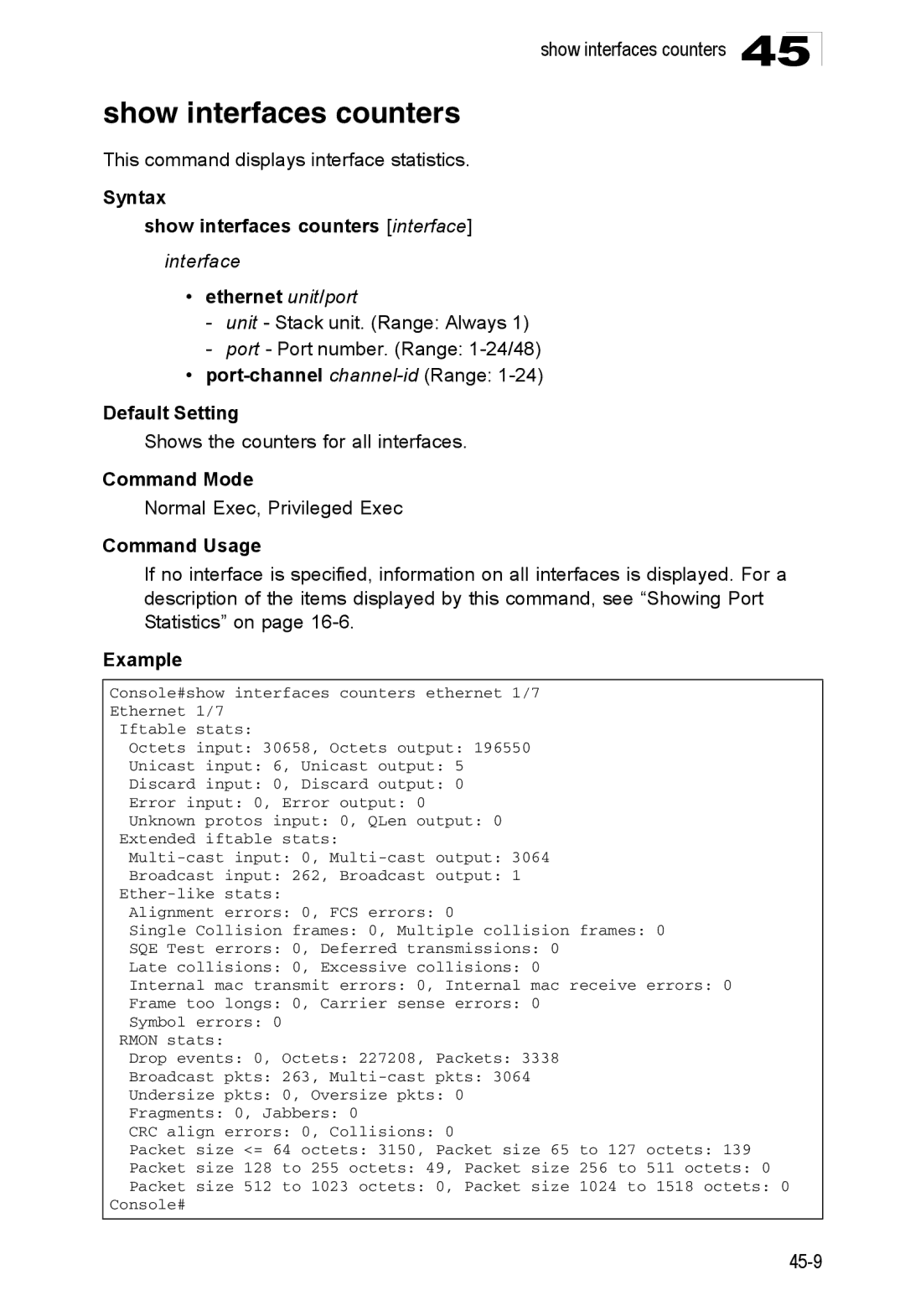 Accton Technology ES4524D, ES4548D, 24/48-Port manual Show interfaces counters, This command displays interface statistics 