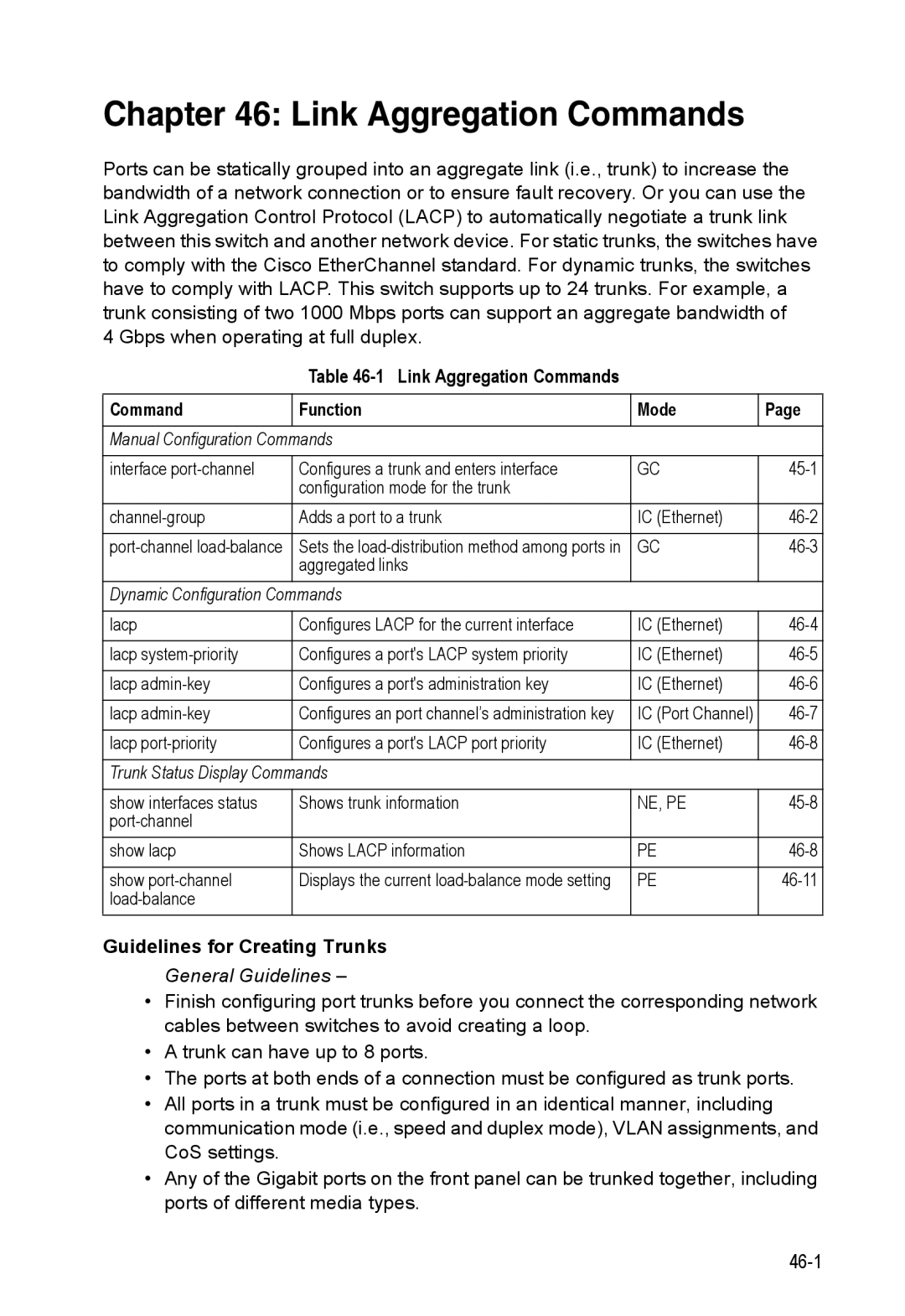 Accton Technology 24/48-Port, ES4548D, ES4524D manual Link Aggregation Commands, Guidelines for Creating Trunks 